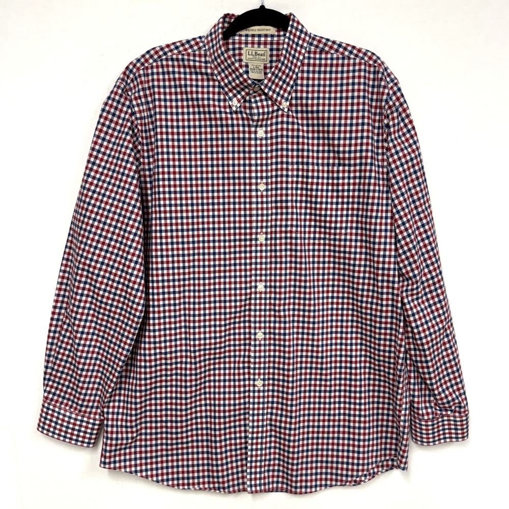 LL Bean Red & Blue Gingham Check Men's Sz Large, Wrinkle Resistant Button Shirt